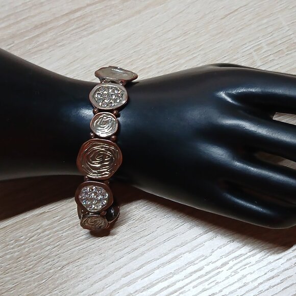 Vintage Bronze Tone Brown Flat Bead Stretch Bracelet Cuff #27 - Picture 8 of 13